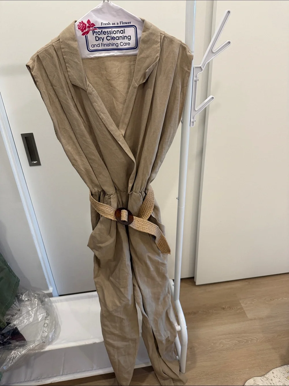Zara Sleeveless Beige Linen-Blend Jumpsuit with Woven Belt